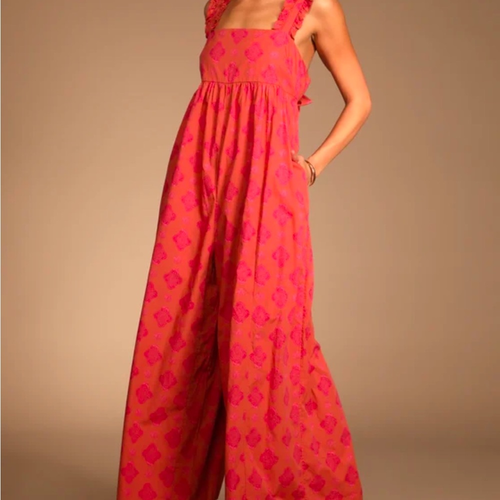 Katya Rusty Rose Print Ruffled Tie-Back Wide-Leg Jumpsuit